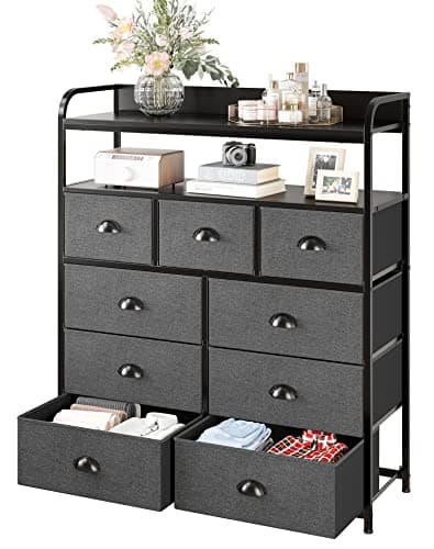EnHomee Sturdy Metal Tall Dresser with 9 Drawers & 2 Shelves, Black Grey