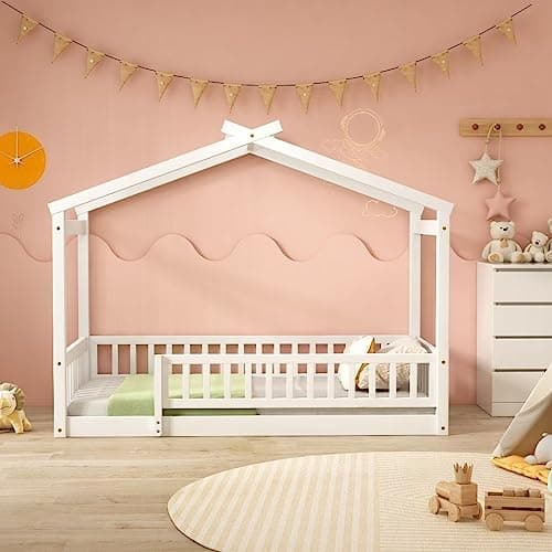 i-POOK White Wood Floor Bed with Fence & Roof for Kids
