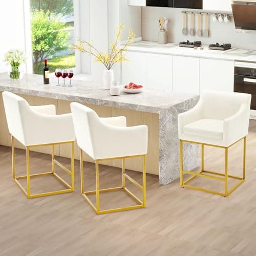 Modern 26" Counter Height Bar Stools, Linen Back, Gold Metal, Set of 3