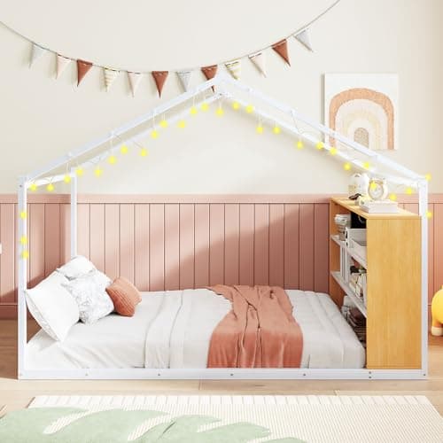 i-POOK Metal House-Shaped Full Size Bed Frame with Lights & Shelves, White