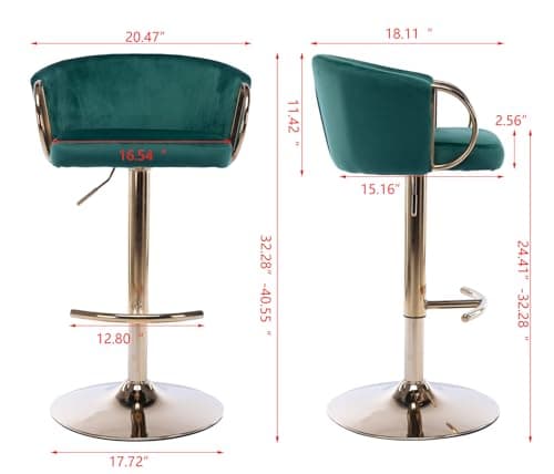 Velvet Counter Height Bar Stools Set of 2 with Chrome Footrest and Gold Base, Swivel Adjustable for Kitchen Island, Pub, Dining Room - Green