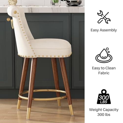 Set of 2 360° Swivel Counter Height Bar Stools with Back and Footrest - 24 Velvet Upholstered Beige Stools with Solid Wood Legs for Kitchen Island