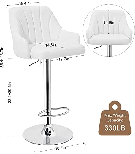 VECELO Counter Height Bar Stool Set, Adjustable with Back & Arm, Swivel PU Leather, White