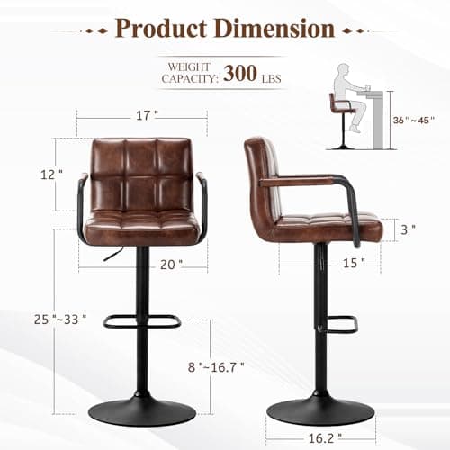 Furniliving Dark Brown Swivel Bar Stool Set, Adjustable Kitchen Counter Height