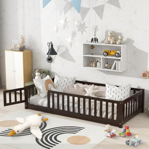 JINS&VICO Full Size Montessori Floor Bed with Door & Safety Guards, White