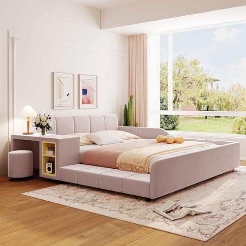 Beige Velvet Upholstered Queen Bed with Desk & Stool, No Box Spring Required