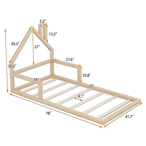 i-POOK Montessori House-Shaped Bed for Kids Teens, Natural Wood