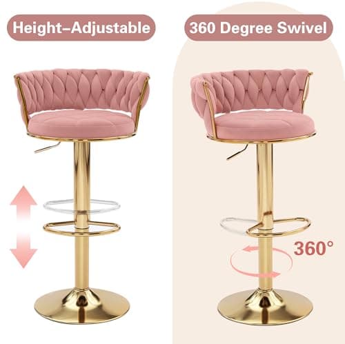 VECELO Pink Velvet Bar Stool Set, 4-Piece Gold Leg Counter Height Swivel