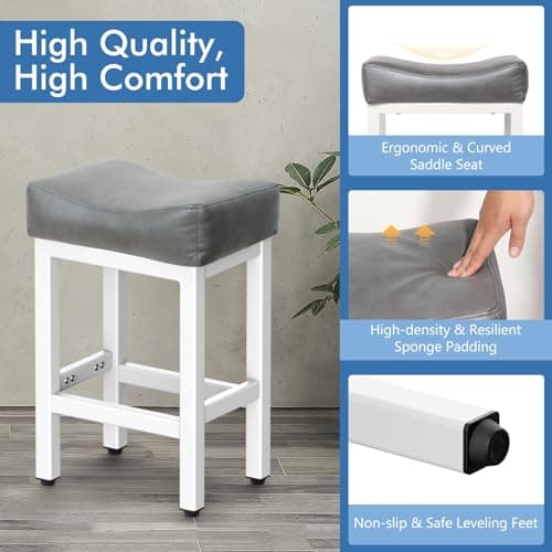 24 Inch Bonded Leather Bar Stools Set, Gray/White, Kitchen Island Counter Height