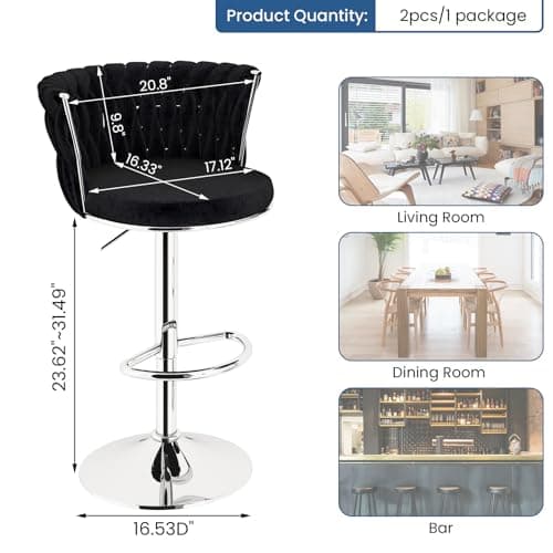 AWQM Black Bar Stool Set, Modern Swivel Velvet Chairs for Bar, Kitchen, and Dining