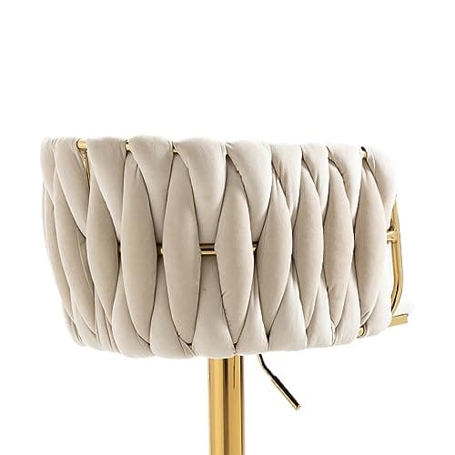 Modern Fabric Upholstered Swivel Bar Stools Set of 2 with Adjustable Height, Woven Back, and Footrest, Ivory