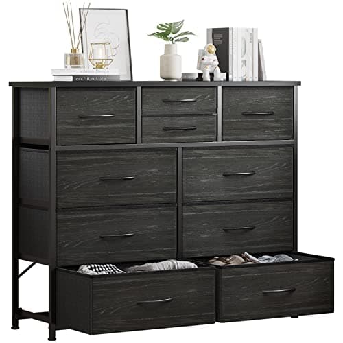 LUMTOK 10-Drawer Fabric Dresser, Steel Frame, Wood Top (Grey)