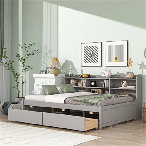 Full Size Gray Solid Wood Bed with Side Bookcases & Storage Drawers