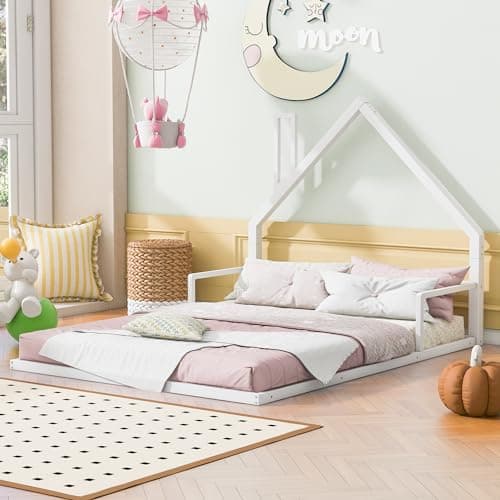 Bellemave Full Size Kids Floor Bed with House-Shaped Headboard, White