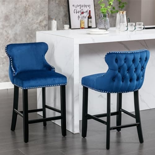 Velvet Upholstered Bar Stools Set of 2 with Wooden Legs