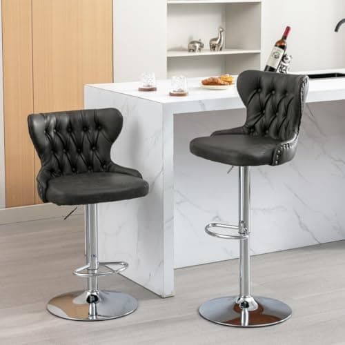 Modern Swivel Bar Stools Set of 2, Adjustable Height with Back and Footrest in Gray PU Leather