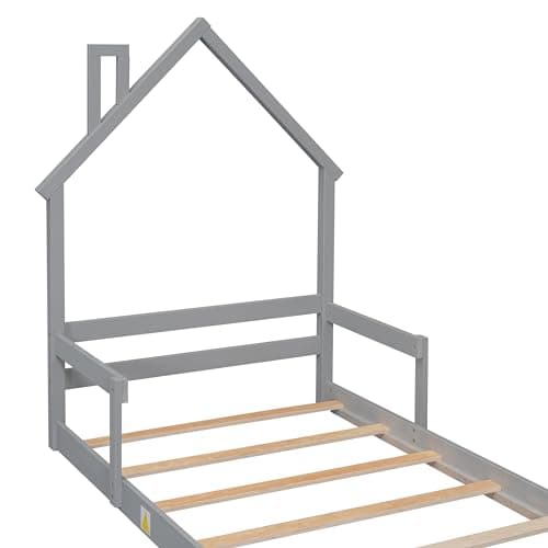 Montessori Twin Floor Bed with House-Shaped Headboard & Slat Support, Gray