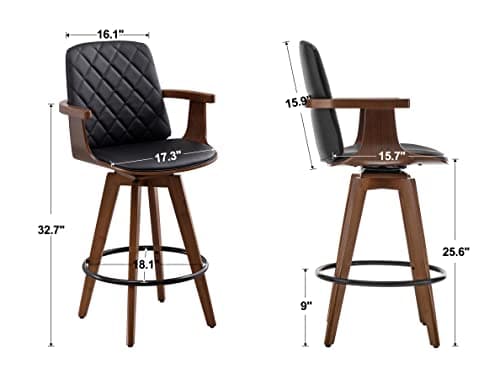 Set of 2 Upholstered Faux Leather Swivel Bar Stools with Wooden Arms and Legs, 25.6-Inch Seat Height (Black, 26 Counter Height)