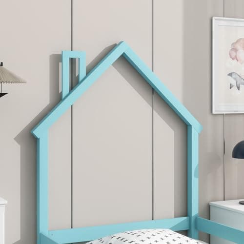Montessori Twin Floor Bed with House-Shaped Headboard and Fence Guardrails for Toddlers in Blue