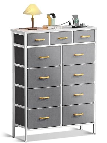 Light Grey AODK Charging Dresser - 52 Inches Tall with 11 Drawers