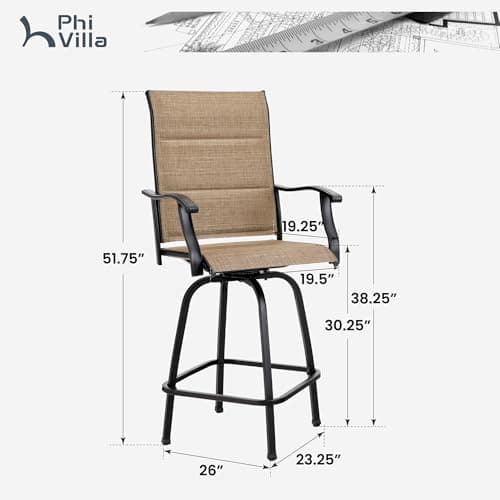 PHI VILLA Patio Swivel Bar Stool Set of 4, Brown Textilene Armrest