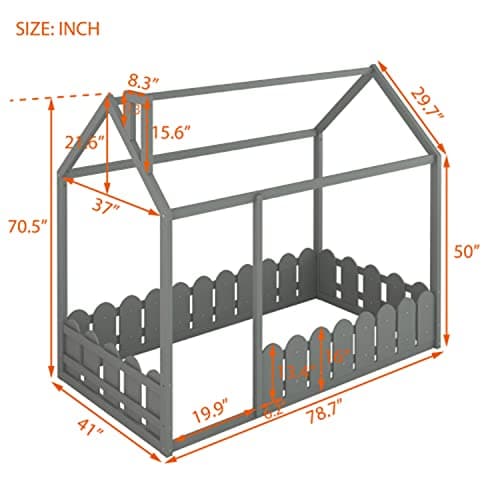 Wood House Bed Frame for Kids, Twin Size with Fence & Roof, Full-Length Guardrail, Gray