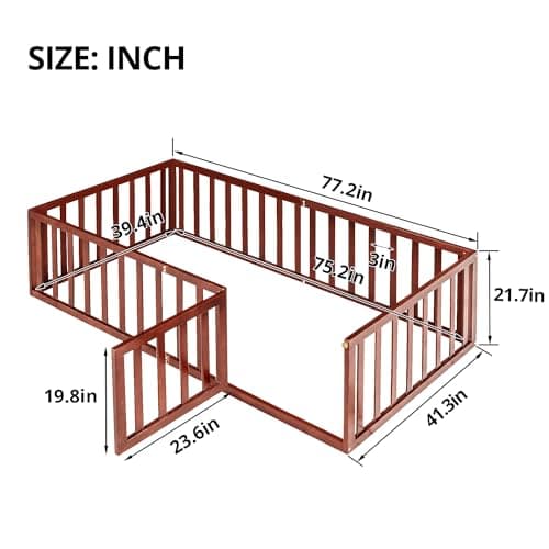 Wood Montessori Floor Bed for Kids, Twin Size with Fence & Door, Walnut