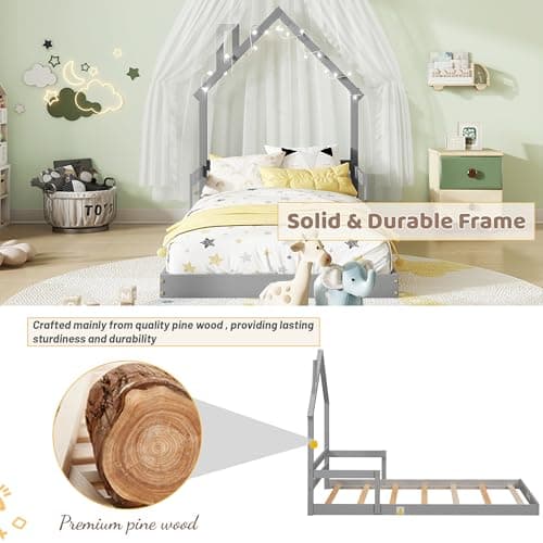 Grey House-Shaped Twin Bed Frame for Kids,No Box Spring Needed