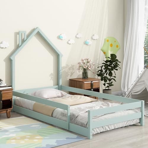 Montessori Twin Floor Bed with House-Shaped Headboard and Fence Guardrails