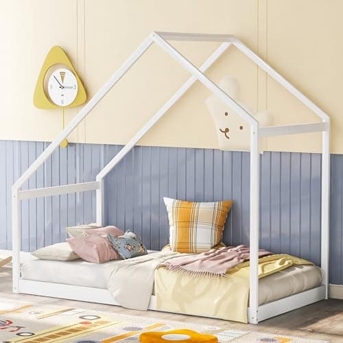 Montessori Twin Size Floor Bed with High Fence & Door (Gray)