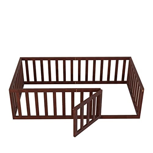Wooden Twin Size Floor Bed Frame with Safety Guardrails, Easy to Assemble, Walnut