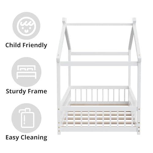 White Wooden Fence Twin Bed with Slats Support for Kids Bedroom