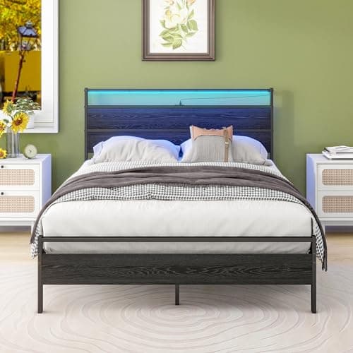 Full Size Metal Bed Frame with Headboard & LED Lights & Charging Station