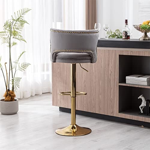 i-POOK Velvet Bar Stools Set of 2 with Nailheads Trim and Golden Footrest, Grey Color