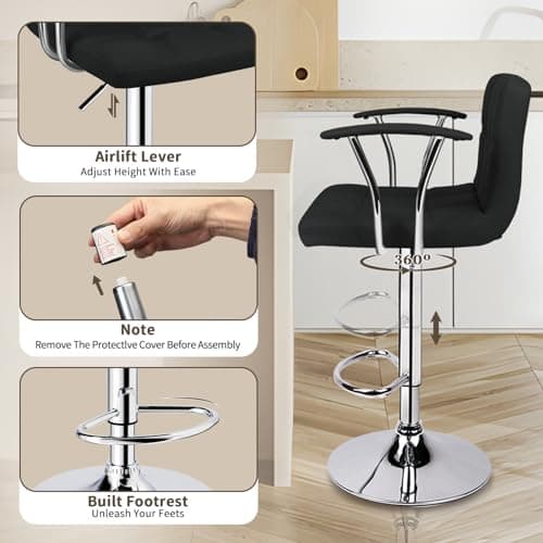 Black Counter Height Bar Stools, Adjustable Swivel with Armrests Set of 2