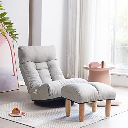 Beige Tufted Linen Swivel Chair with Ottoman and Footrest for Living Room