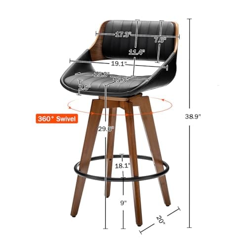 Mid Century Modern Swivel Bar Stools Set of 2 for Kitchen Island, Black