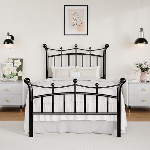 Hombck White Metal Twin Bed Frame with Crown Headboard