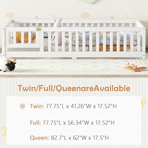 Montessori Twin Size Floor Bed with Door and Guardrail, White Wood Playhouse Bed