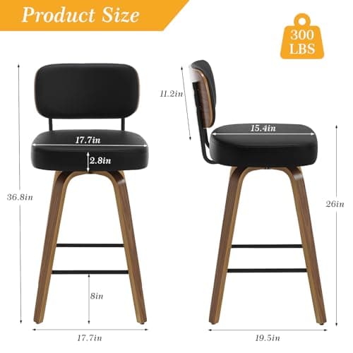 Set of 4 Swivel 26 Upholstered Faux Leather Bar Stools with Back and Wood Legs - Mid Century Modern Kitchen Counter Chairs in Black