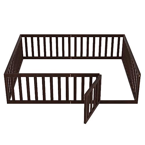 Montessori Floor Bed for Kids in Queen Size, Walnut Wood Frame with Fence and Door
