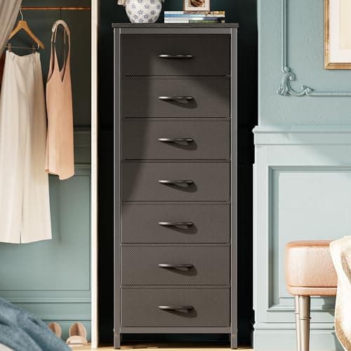 Charcoal Black Wood Grain Print Tall Dresser with 6 Drawers & Metal Frame