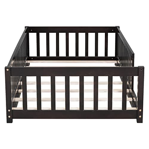 Espresso Toddler Twin Floor Bed with Fence, Easy Assembly