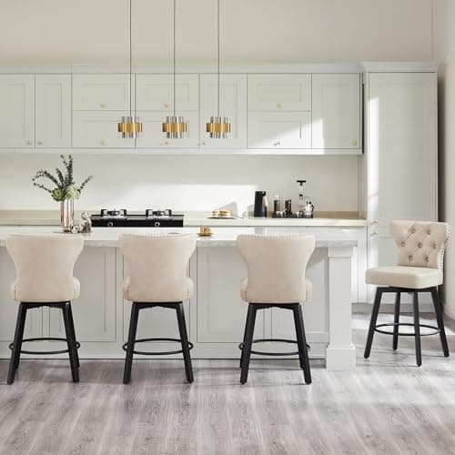 Beige Nailhead Trim Barstools 26" Swivel Kitchen Island Stools, Set of 4