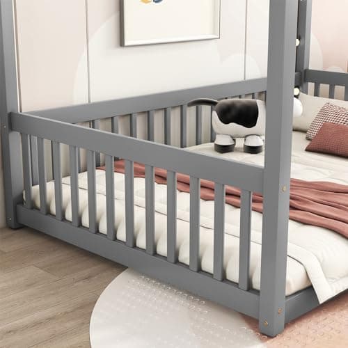 i-POOK Full Size Canopy Bed Frame with Fence, Grey