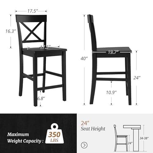 24" Black X-Back Wooden Counter Stools with Footrest for Kitchen Island