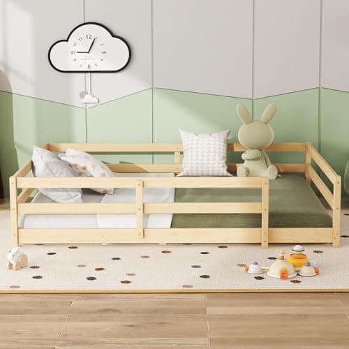Full Size Wood Floor Bed Frame with Fence - Natural