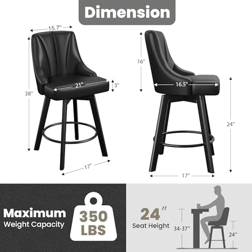 Black Leather Back Bar Stools, 24" Counter Height, Set of 2