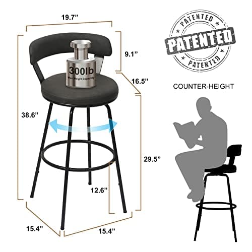2-Piece Swivel Bar Stool Set, 30" Counter Height, Grey PU Leather, Kitchen & Living Room