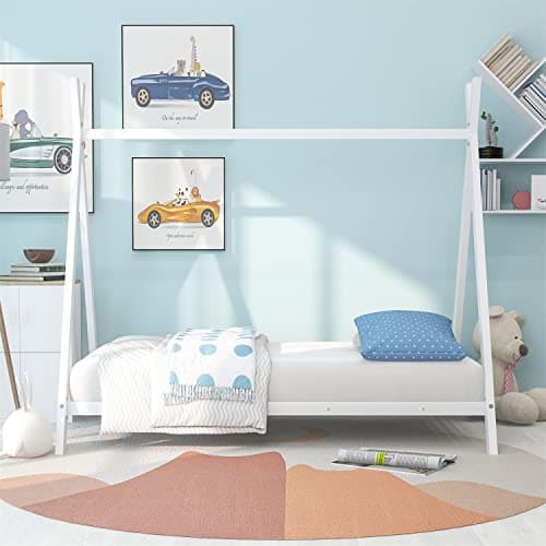 i-POOK Twin Size Metal Floor Bed with X-Frame Support & Decorative Slats, White